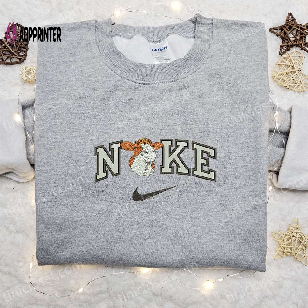 Cow Flower x Nike Embroidered Hoodie: Animal Sweatshirt with Nike Inspired Design Cow Flower x Nike Embroidered Hoodie: Animal Sweatshirt with Nike Inspired Design