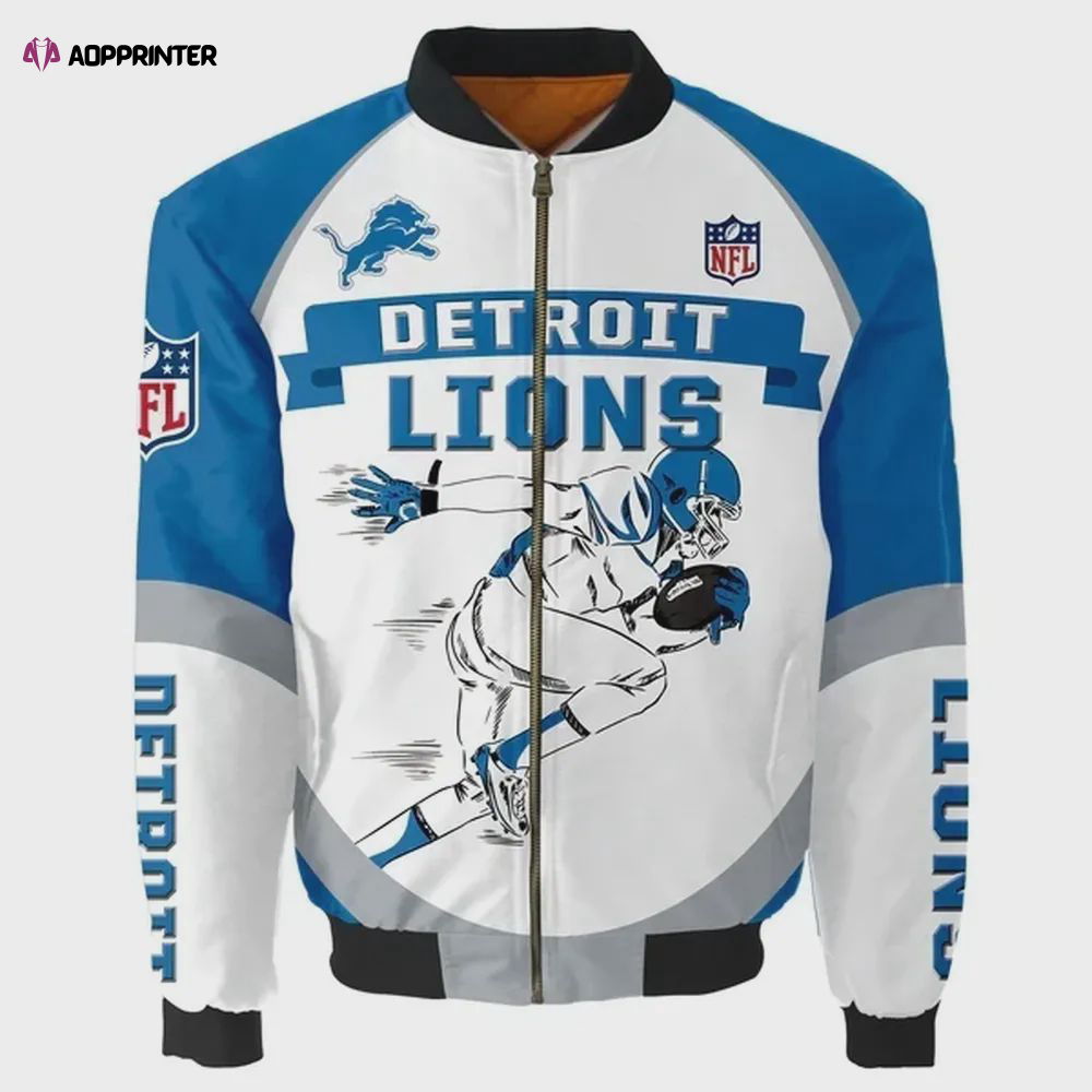Detroit Lions Team Logo Pattern Bomber Jacket – Blue And White Detroit Lions Team Logo Pattern Bomber Jacket – Blue And White