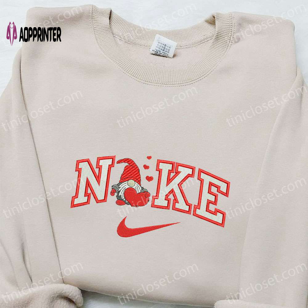 Custom Nike Gnome Heart Embroidered Shirt Christmas Design Custom Nike Gnome Heart Embroidered Shirt Christmas Design