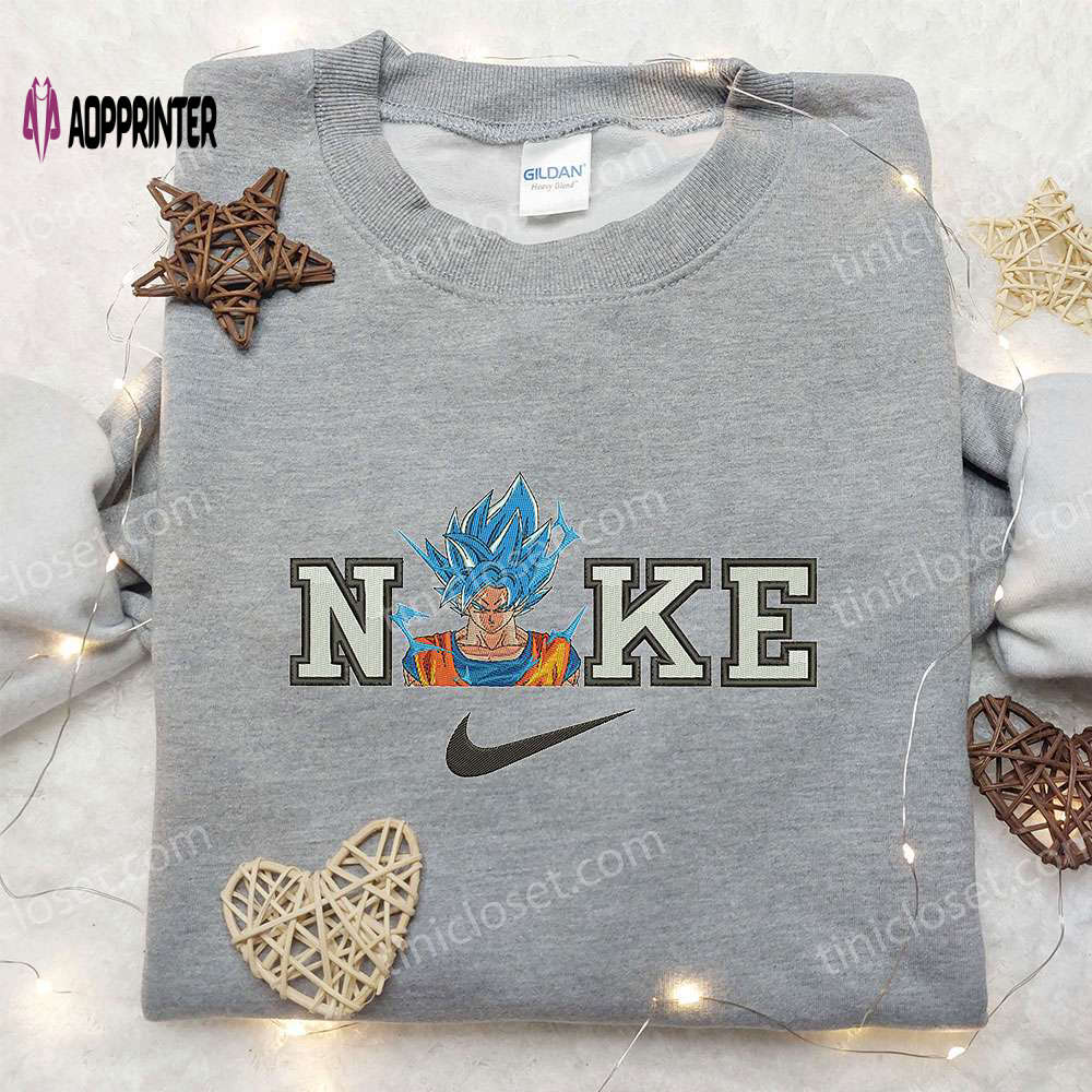 Goku Super Saiyan Blue x Nike Embroidered Sweatshirt – Dragon Ball & Nike Inspired Shirt Goku Super Saiyan Blue x Nike Embroidered Sweatshirt – Dragon Ball & Nike Inspired Shirt