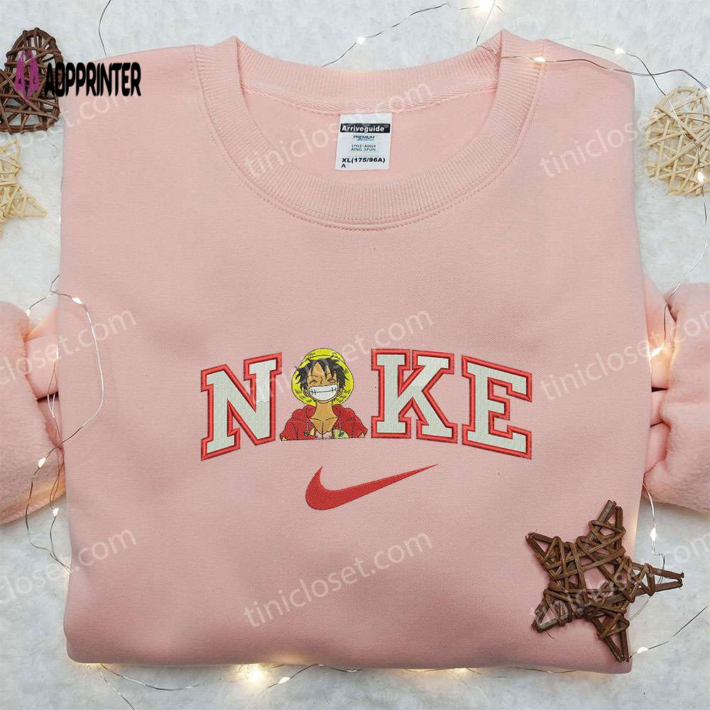 Luffy x Nike Embroidered Shirt: Unique One Piece Custom Design Luffy x Nike Embroidered Shirt: Unique One Piece Custom Design