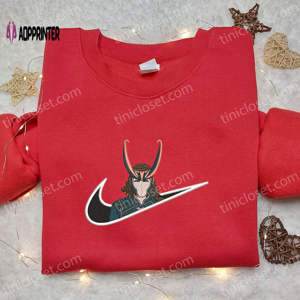 Loki x Nike Swoosh Movie Embroidered Sweatshirt & Marvel Universe Shirt: Nike Inspired Embroidery Loki x Nike Swoosh Movie Embroidered Sweatshirt & Marvel Universe Shirt: Nike Inspired Embroidery
