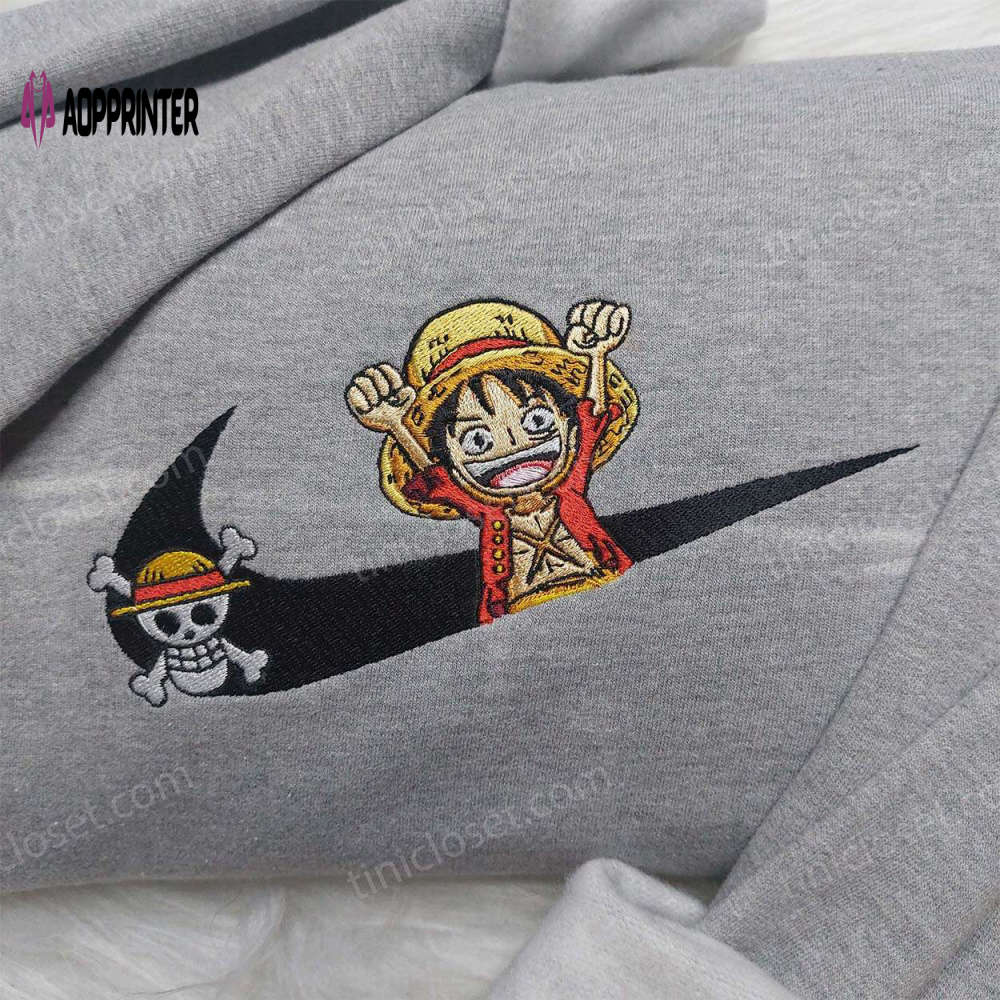 Luffy Embroidered Shirt: One Piece Anime & Nike Inspired Sweatshirt Luffy Embroidered Shirt: One Piece Anime & Nike Inspired Sweatshirt