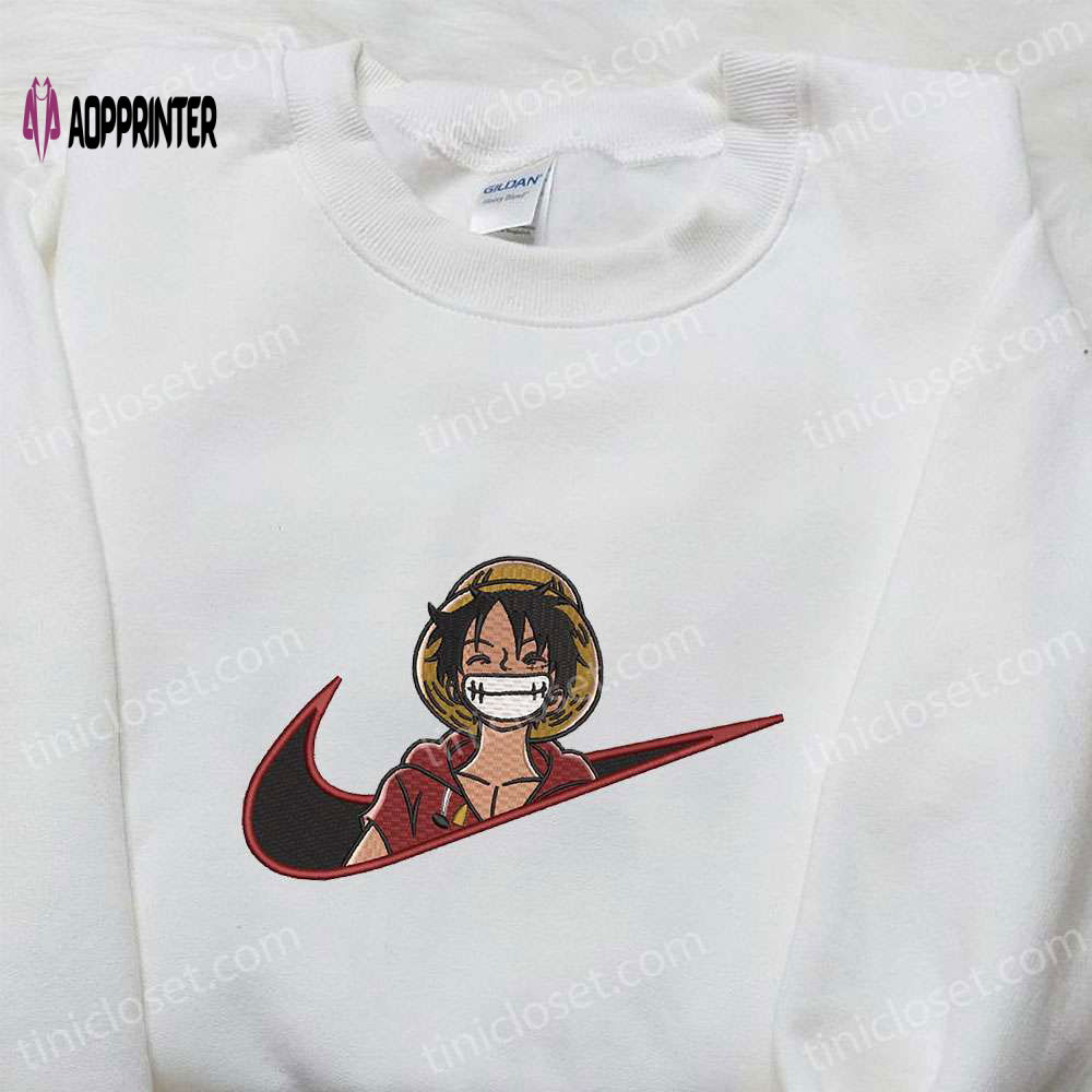 Laughing Monkey D Luffy x Nike Swoosh Tshirt: One Piece Embroidered Shirt Nike Inspired Laughing Monkey D Luffy x Nike Swoosh Tshirt: One Piece Embroidered Shirt Nike Inspired