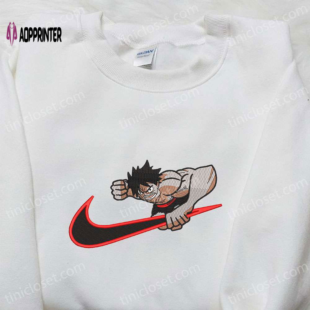 Monkey D Luffy x Nike Swoosh Anime Embroidered Sweatshirt: One Piece & Nike Inspired Shirt Monkey D Luffy x Nike Swoosh Anime Embroidered Sweatshirt: One Piece & Nike Inspired Shirt