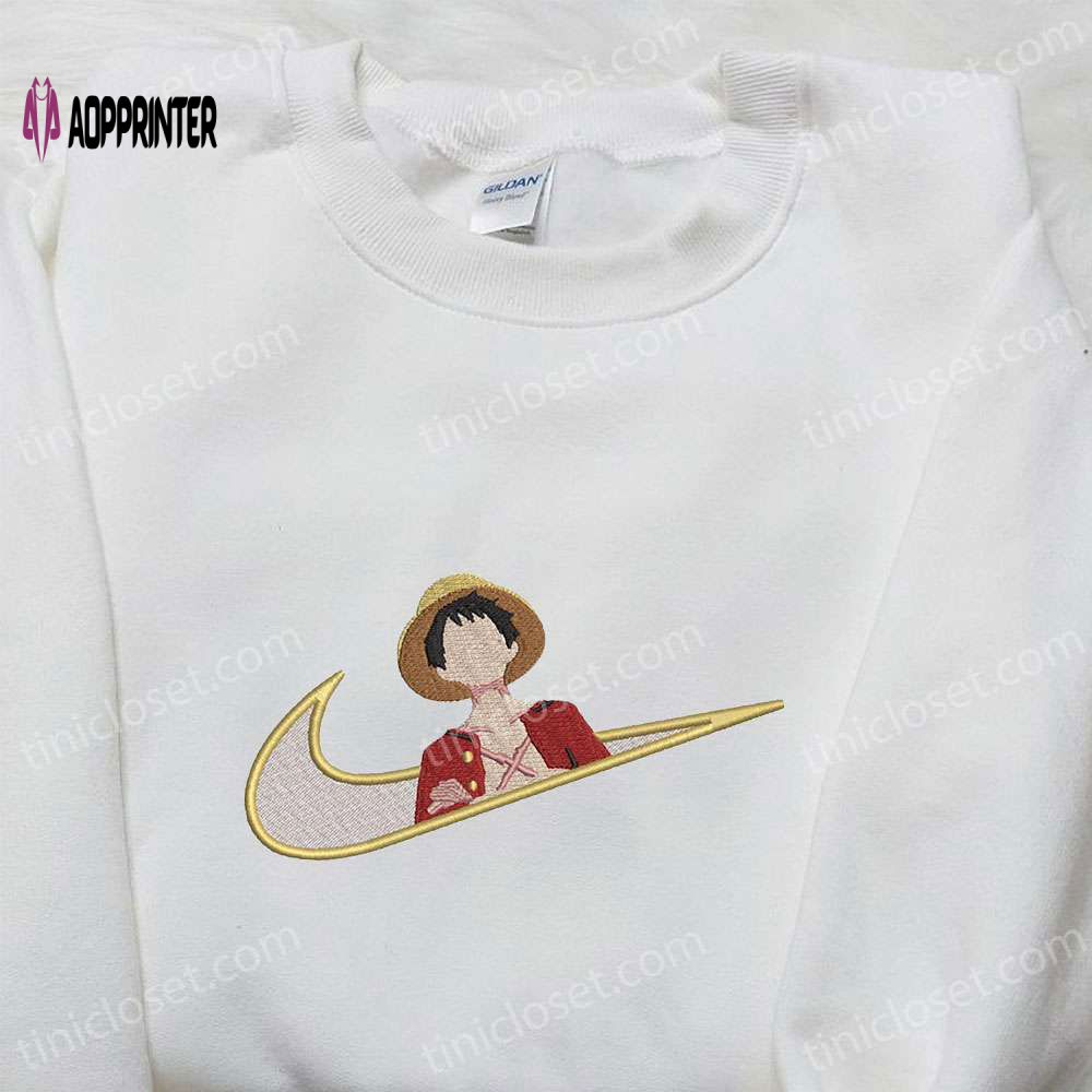 Monkey D Luffy x Nike Swoosh Anime Embroidered Tshirt – One Piece & Nike Inspired Shirt Monkey D Luffy x Nike Swoosh Anime Embroidered Tshirt – One Piece & Nike Inspired Shirt