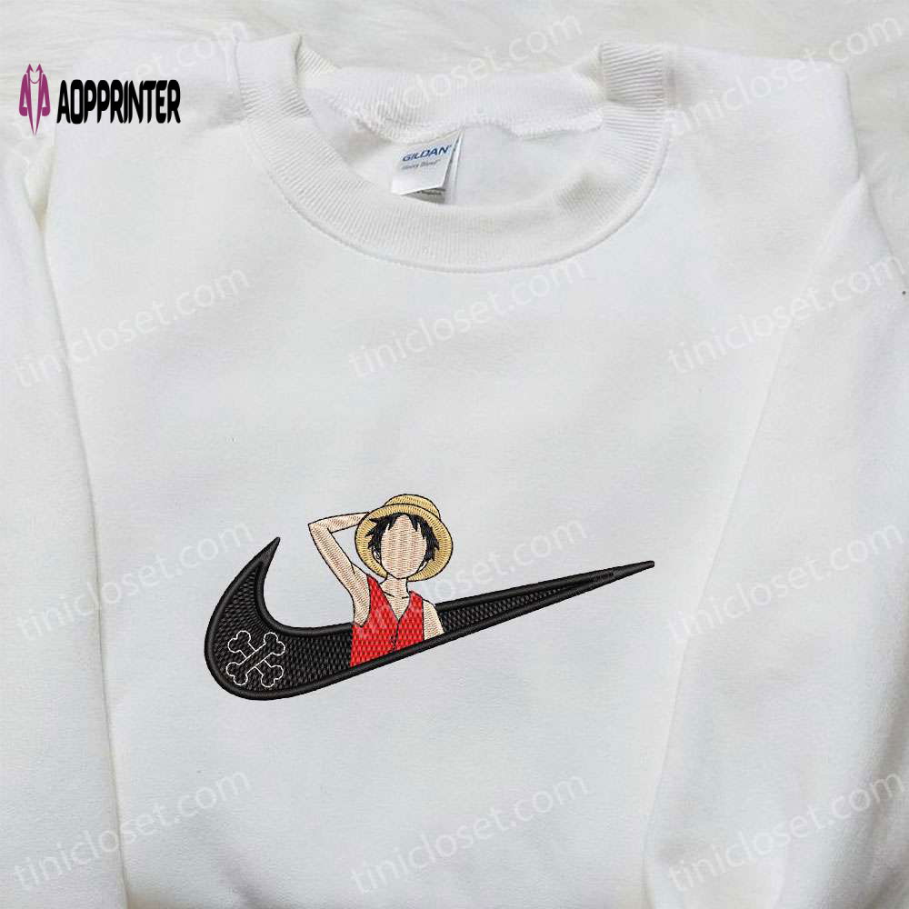 Monkey D Luffy x Nike Swoosh Embroidered Anime Tshirt: One Piece & Nike Inspired Shirt Monkey D Luffy x Nike Swoosh Embroidered Anime Tshirt: One Piece & Nike Inspired Shirt