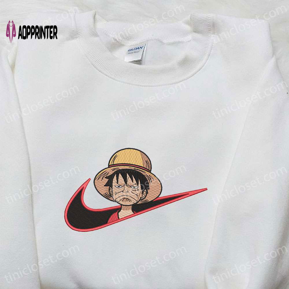 Monkey D Luffy x Nike Swoosh Embroidered Tshirt: One Piece & Nike Inspired Shirt Monkey D Luffy x Nike Swoosh Embroidered Tshirt: One Piece & Nike Inspired Shirt