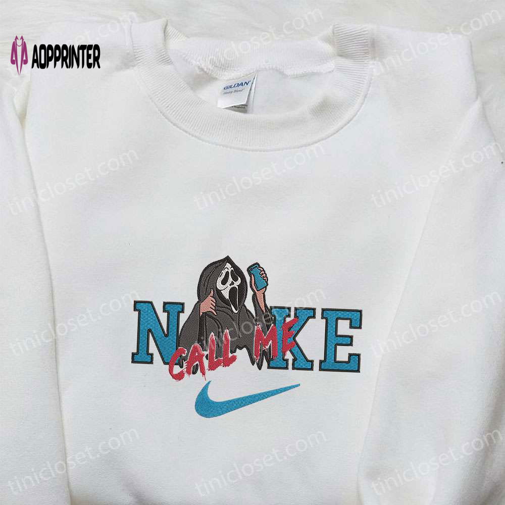 Nike x Scream Call Me Halloween Ghost Embroidered Shirt – Spooky Nike Inspired Tee Nike x Scream Call Me Halloween Ghost Embroidered Shirt – Spooky Nike Inspired Tee