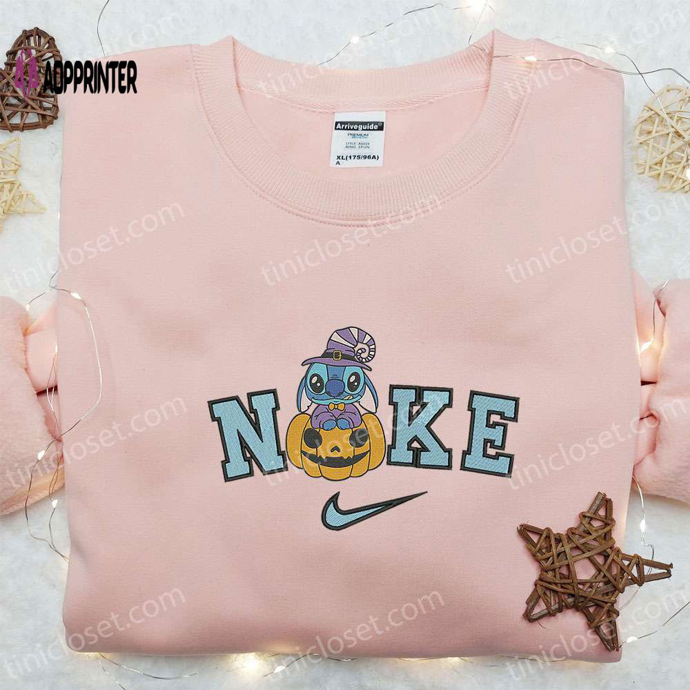 Cute Halloween Nike x Stitch Witch Pumpkin Embroidered Sweatshirt: Spooky Nike Inspired Hoodie Cute Halloween Nike x Stitch Witch Pumpkin Embroidered Sweatshirt: Spooky Nike Inspired Hoodie