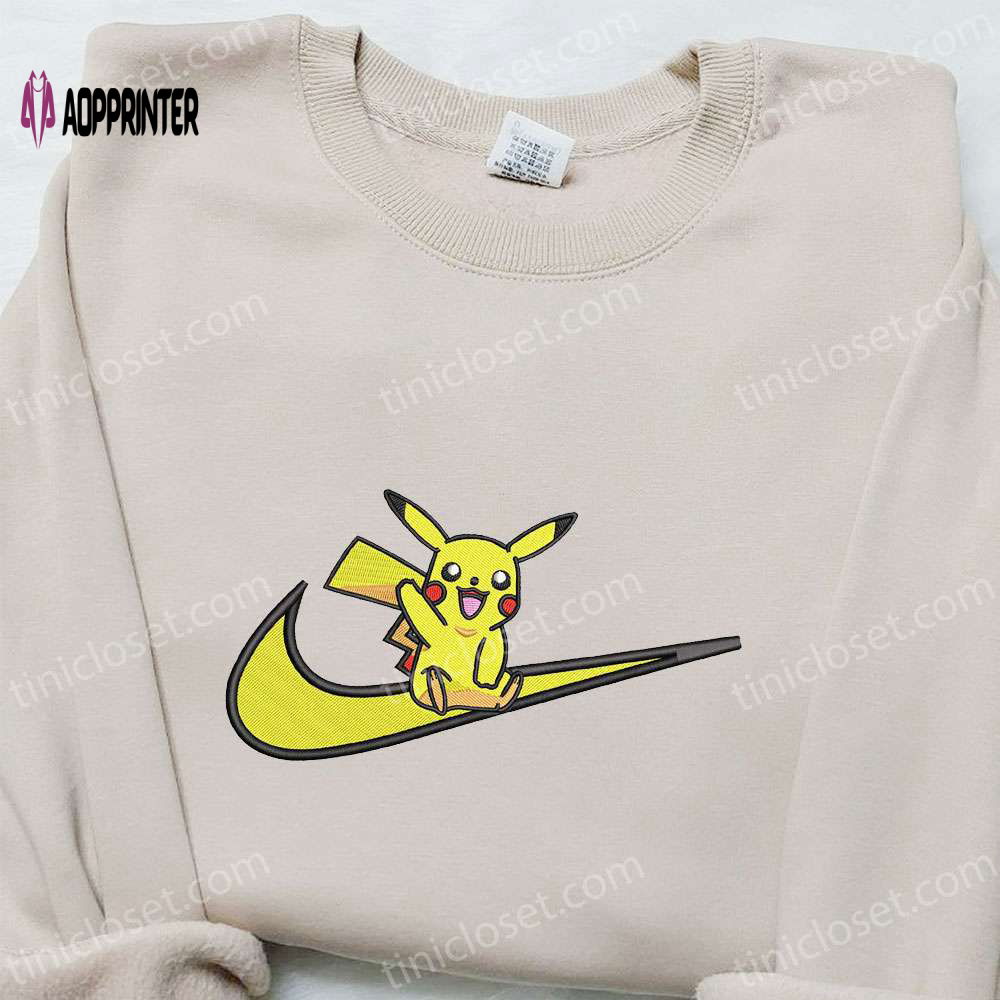 Pikachu x Swoosh Anime Embroidered Shirt: Nike Inspired T-shirt Ideal Family Gift Pikachu x Swoosh Anime Embroidered Shirt: Nike Inspired T-shirt Ideal Family Gift