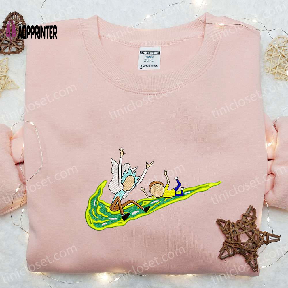 Rick and Morty x Swoosh Cartoon Embroidered Sweatshirt: Nike Inspired Custom Hoodie Rick and Morty x Swoosh Cartoon Embroidered Sweatshirt: Nike Inspired Custom Hoodie