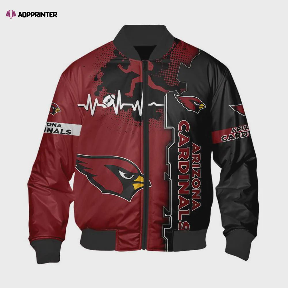 Arizona Cardinals Graphic Heart ECG Line Pattern Bomber Jacket – Black Red Arizona Cardinals Graphic Heart ECG Line Pattern Bomber Jacket – Black Red