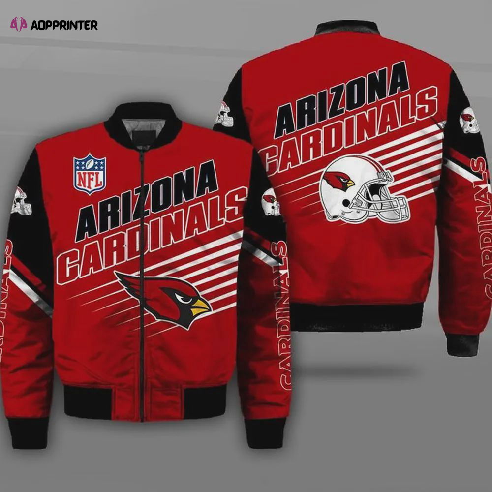 Arizona Cardinals Letter Logo & Helmet Casual Pattern Bomber Jacket- Red Arizona Cardinals Letter Logo & Helmet Casual Pattern Bomber Jacket- Red