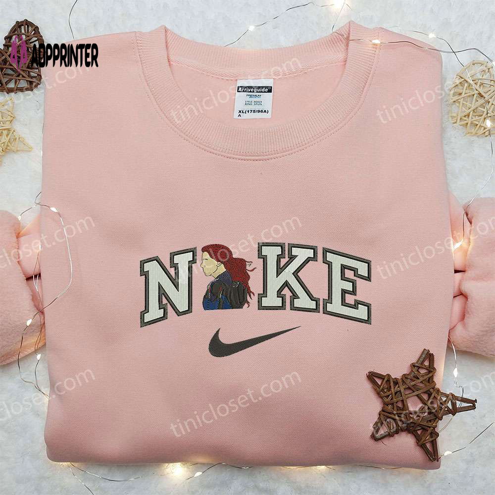 Black Widow x Nike Embroidered Sweatshirt: Movie-Inspired Shirt by Nike Perfect for Fans! Black Widow x Nike Embroidered Sweatshirt: Movie-Inspired Shirt by Nike Perfect for Fans!