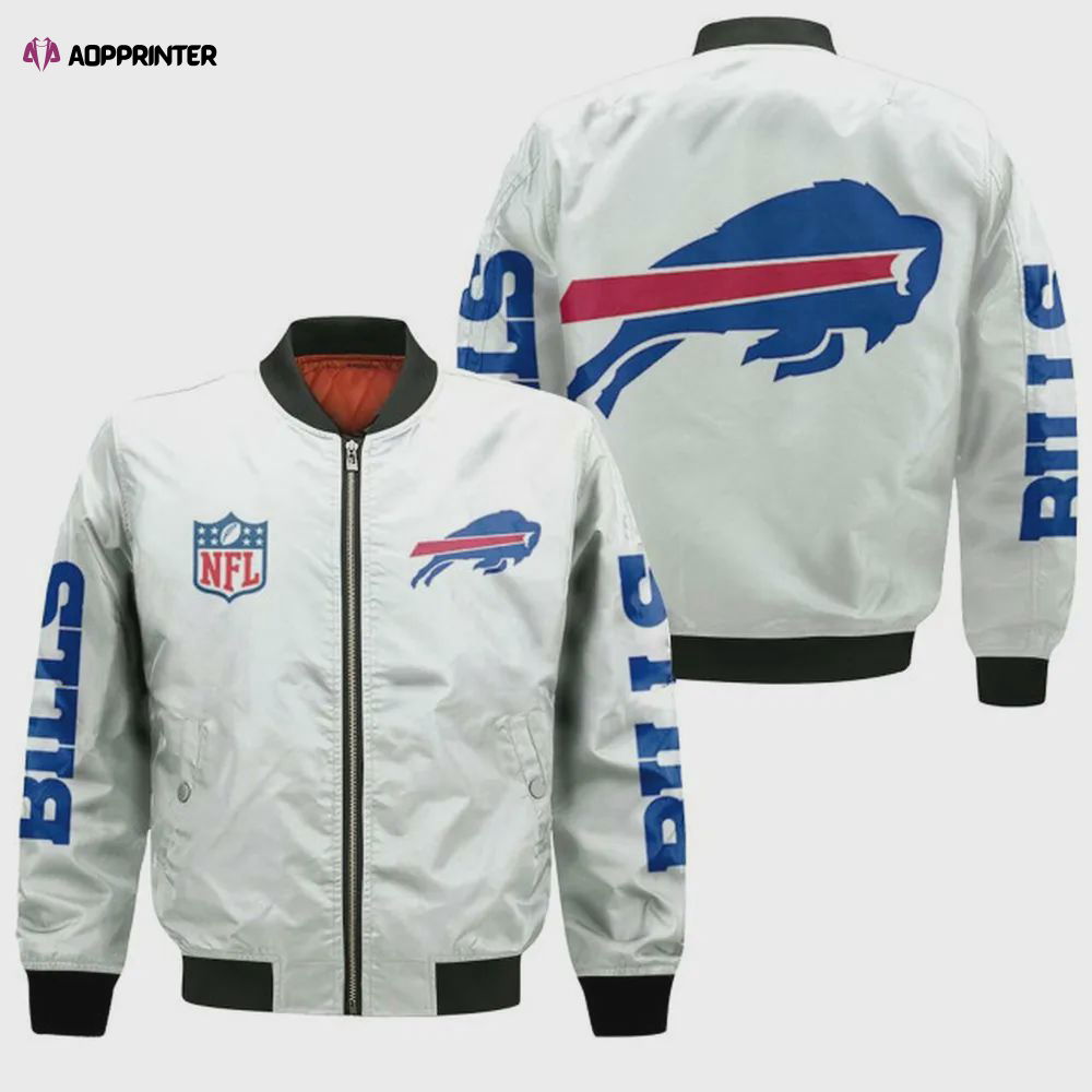 Buffalo Bills Team Logo 3D Pattern Bomber Jacket – White Buffalo Bills Team Logo 3D Pattern Bomber Jacket – White
