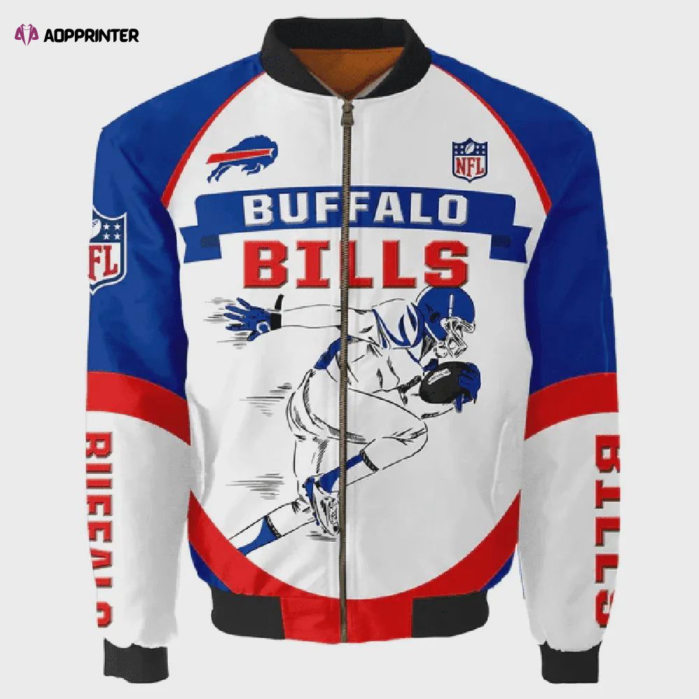 Buffalo Bills Team Logo Pattern Bomber Jacket – White Blue And Red Buffalo Bills Team Logo Pattern Bomber Jacket – White Blue And Red