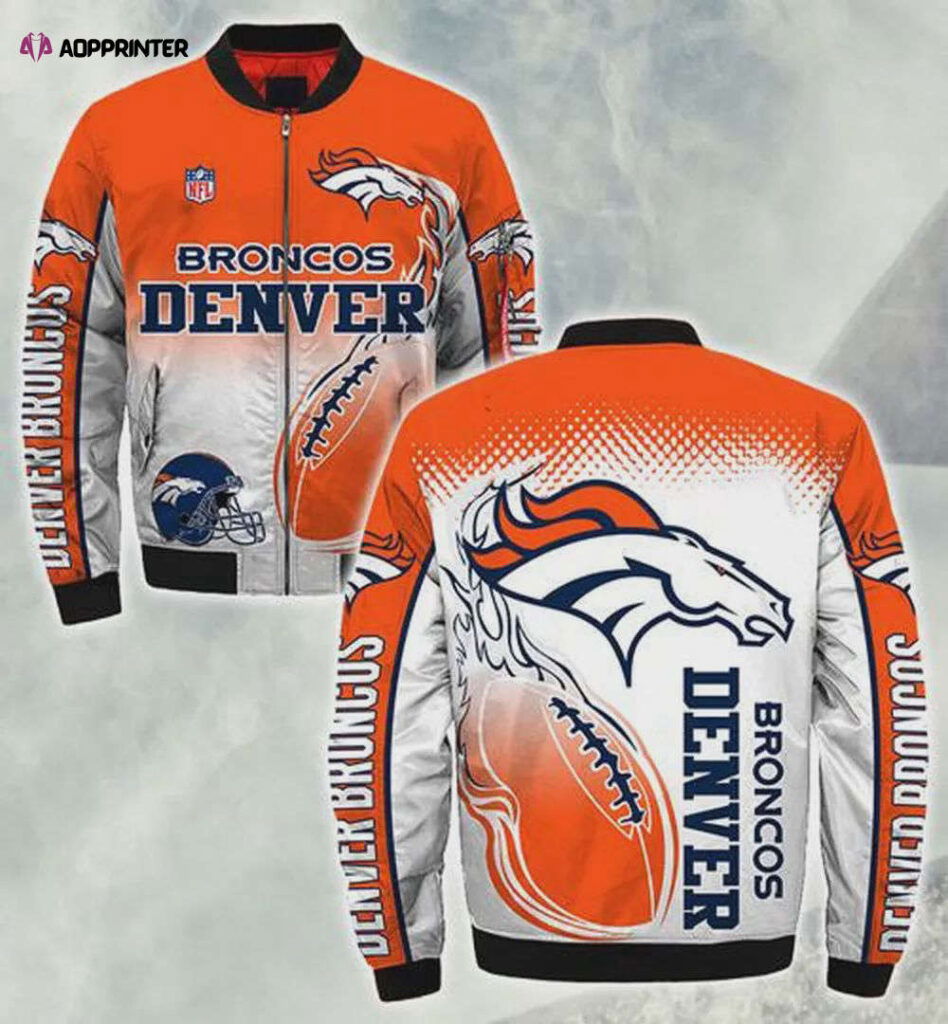 Denver Broncos Horse And Fire Ball Pattern Bomber Jacket – White Orange Denver Broncos Horse And Fire Ball Pattern Bomber Jacket – White Orange