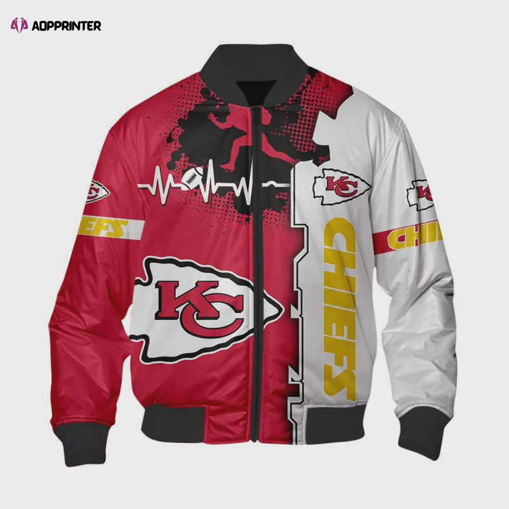 Kansas City Chiefs Heart ECG Line Pattern Bomber Jacket – Red White Kansas City Chiefs Heart ECG Line Pattern Bomber Jacket – Red White