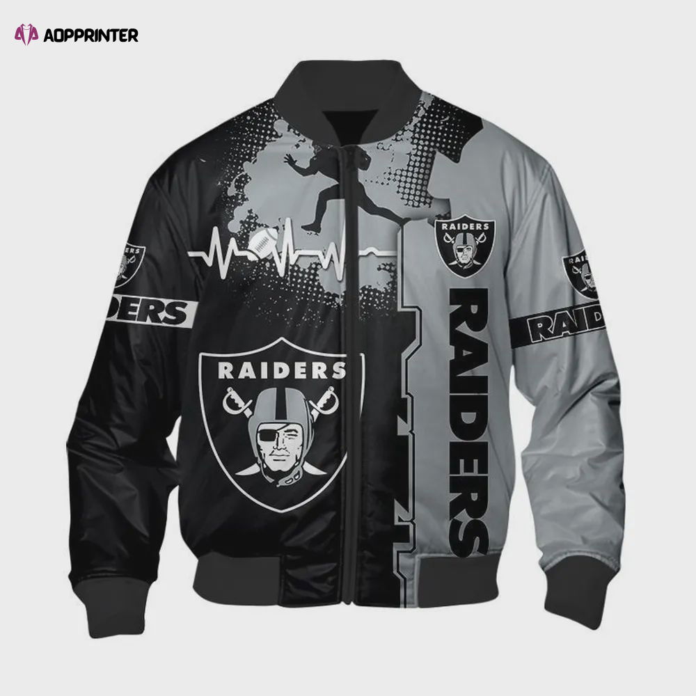 Las Vegas Raiders Heart ECG Line Pattern Bomber Jacket In Black Grey Las Vegas Raiders Heart ECG Line Pattern Bomber Jacket In Black Grey