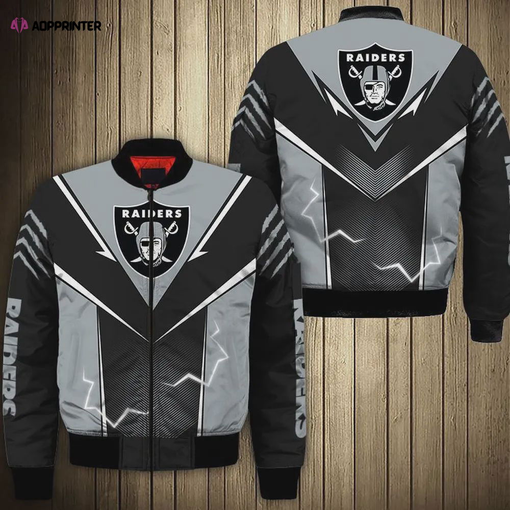Las Vegas Raiders Lightning Pattern Bomber Jacket – Black Grey Las Vegas Raiders Lightning Pattern Bomber Jacket – Black Grey
