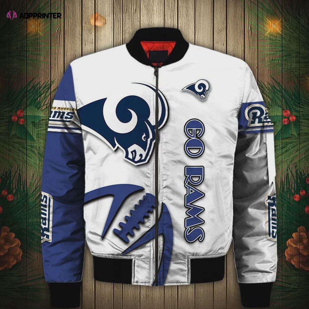 Los Angeles Rams Graphic Ball Pattern Bomber Jacket In Blue And White Los Angeles Rams Graphic Ball Pattern Bomber Jacket In Blue And White