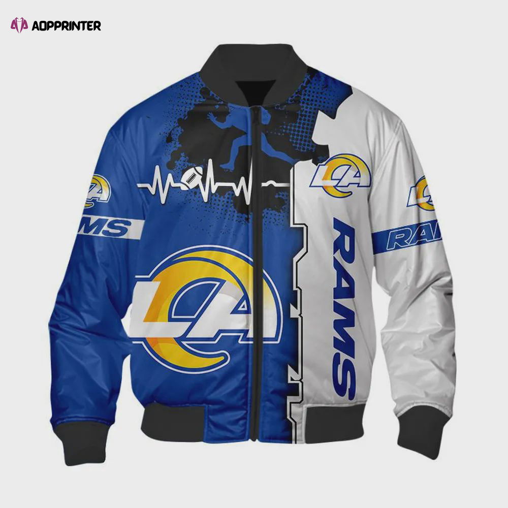 Los Angeles Rams Heart ECG Line Pattern Bomber Jacket – Blue White Los Angeles Rams Heart ECG Line Pattern Bomber Jacket – Blue White