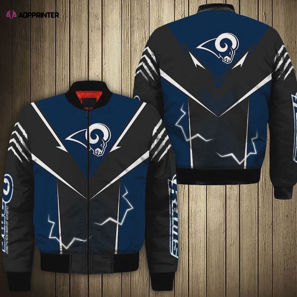 Los Angeles Rams Lightning Pattern Bomber Jacket – Navy Black Los Angeles Rams Lightning Pattern Bomber Jacket – Navy Black