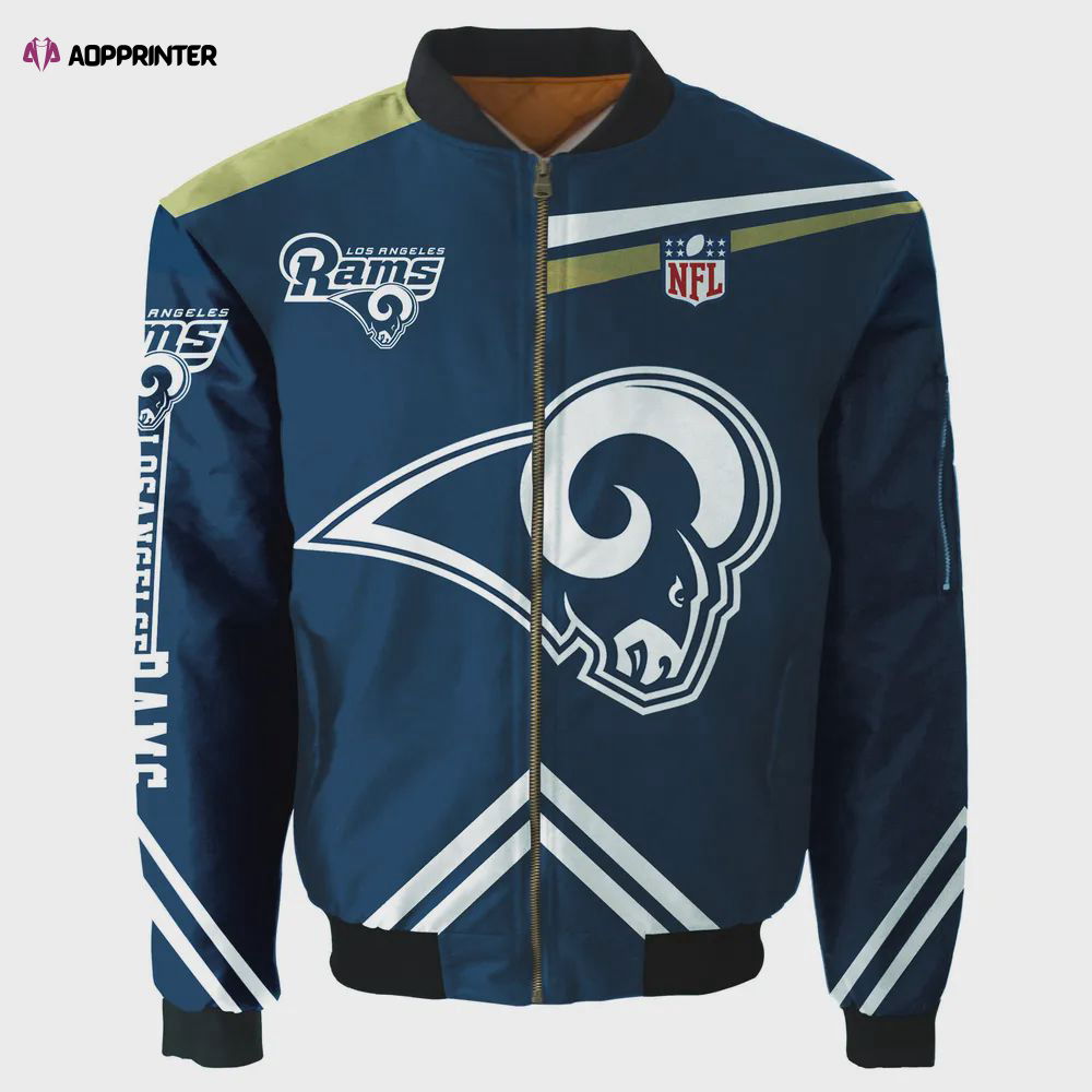 Los Angeles Rams Logo Team Pattern Bomber Jacket – Navy Blue Los Angeles Rams Logo Team Pattern Bomber Jacket – Navy Blue