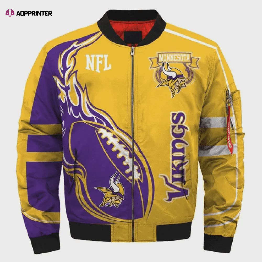 Minnesota Vikings Flame Ball Pattern Bomber Jacket Minnesota Vikings Flame Ball Pattern Bomber Jacket