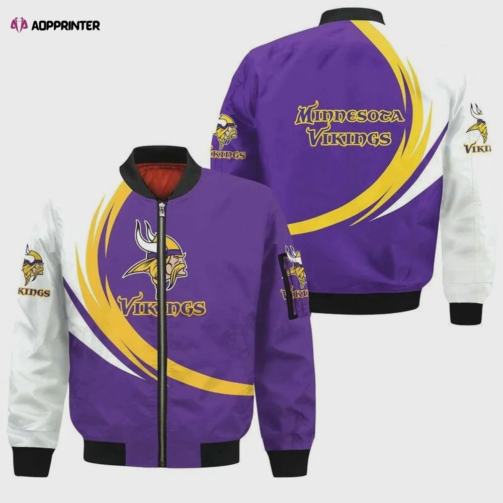 Minnesota Vikings Logo Curve Pattern Bomber Jacket – Purple White Minnesota Vikings Logo Curve Pattern Bomber Jacket – Purple White