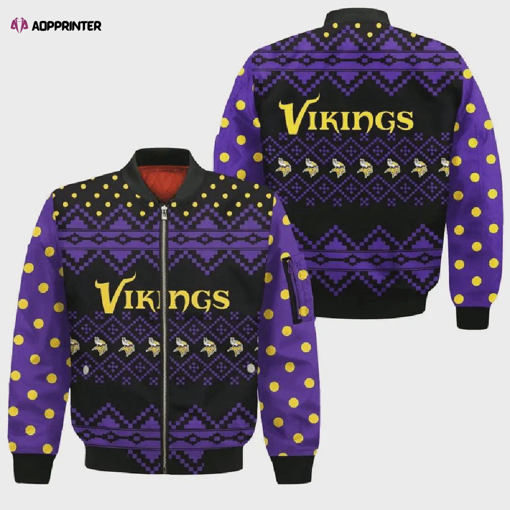 Minnesota Vikings Logo With Zig-zag Pattern Bomber Jacket- Purple Minnesota Vikings Logo With Zig-zag Pattern Bomber Jacket- Purple