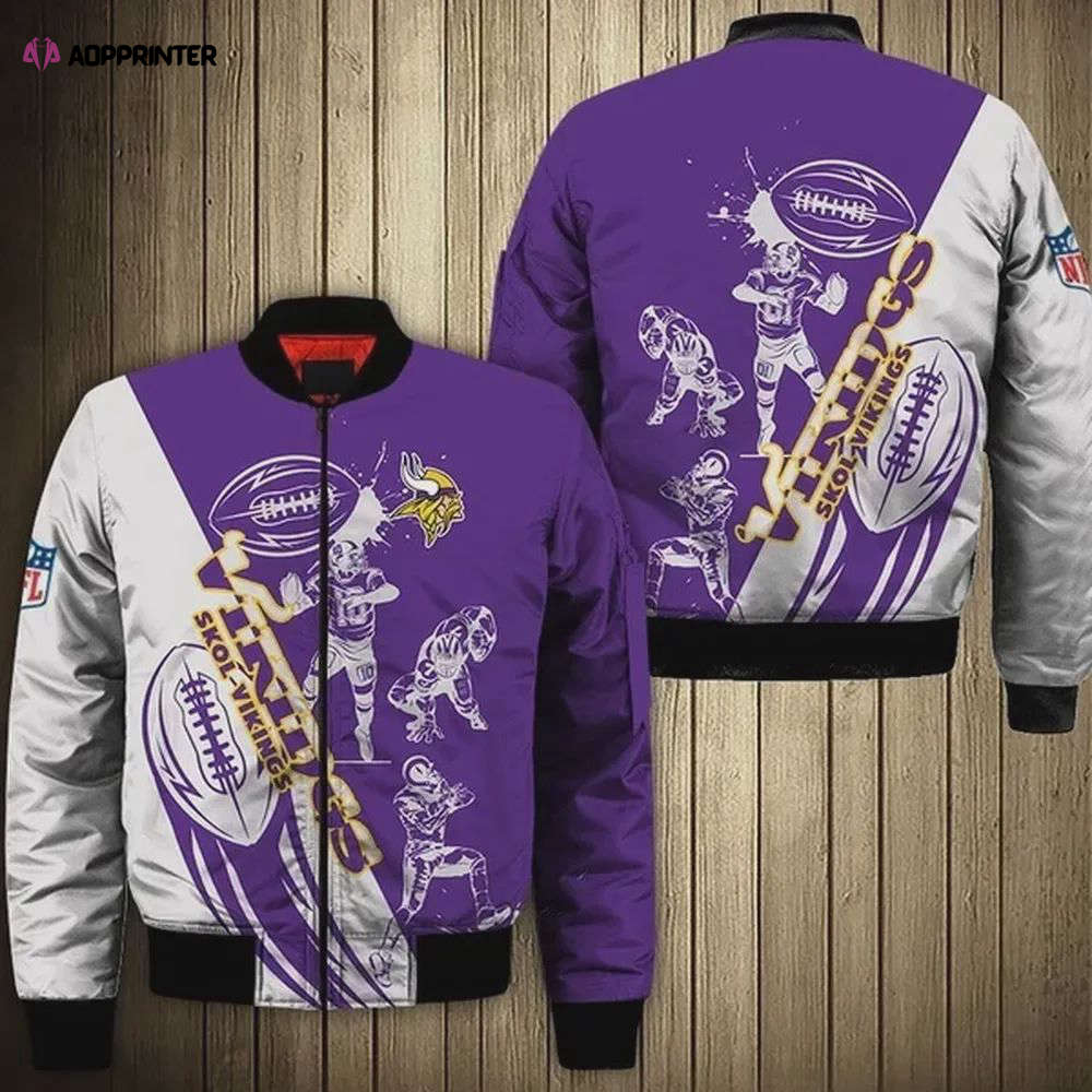 Minnesota Vikings Players Pattern Bomber Jacket – Purple And White Minnesota Vikings Players Pattern Bomber Jacket – Purple And White