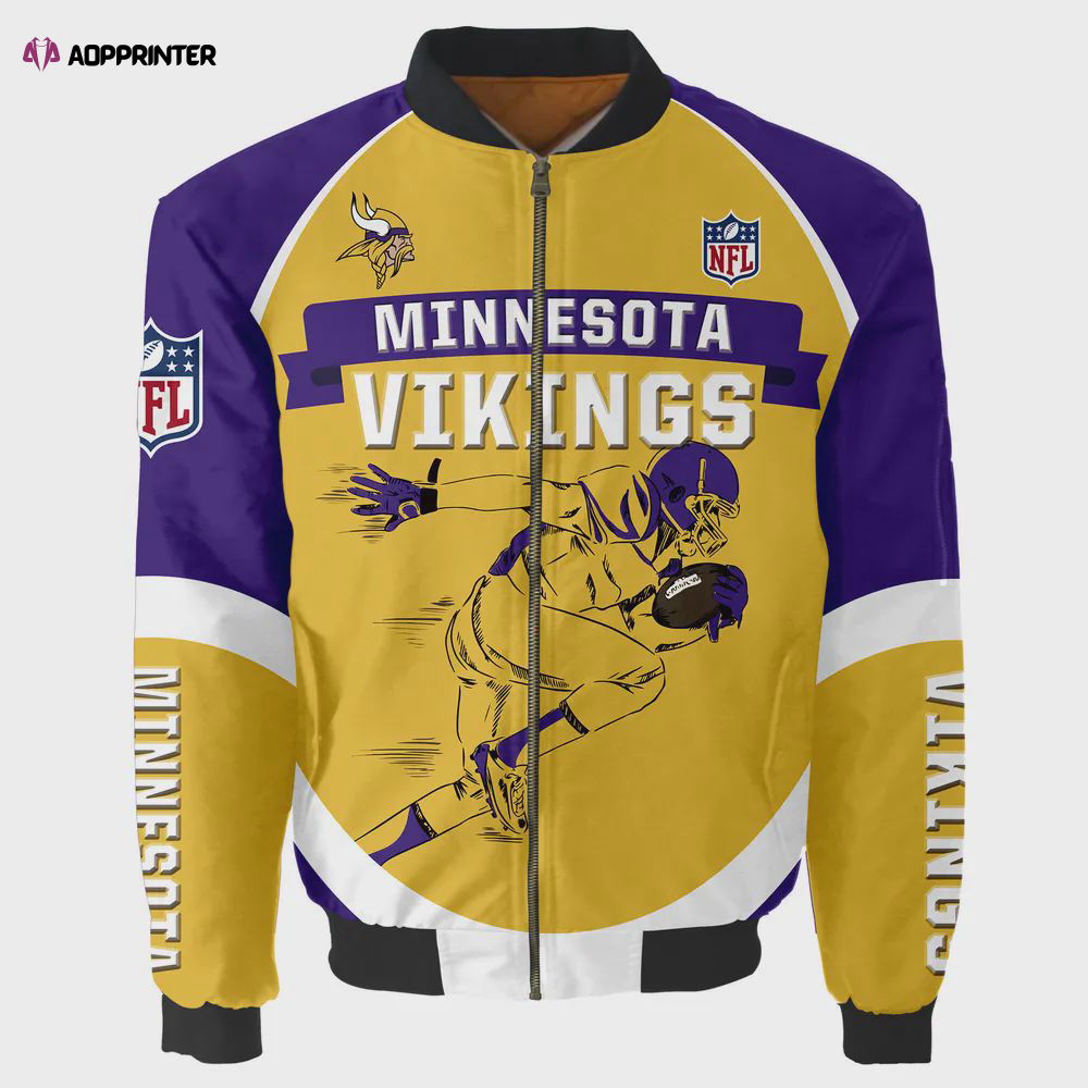 Minnesota Vikings Team Logo Pattern Bomber Jacket – Yellow And Purple Minnesota Vikings Team Logo Pattern Bomber Jacket – Yellow And Purple