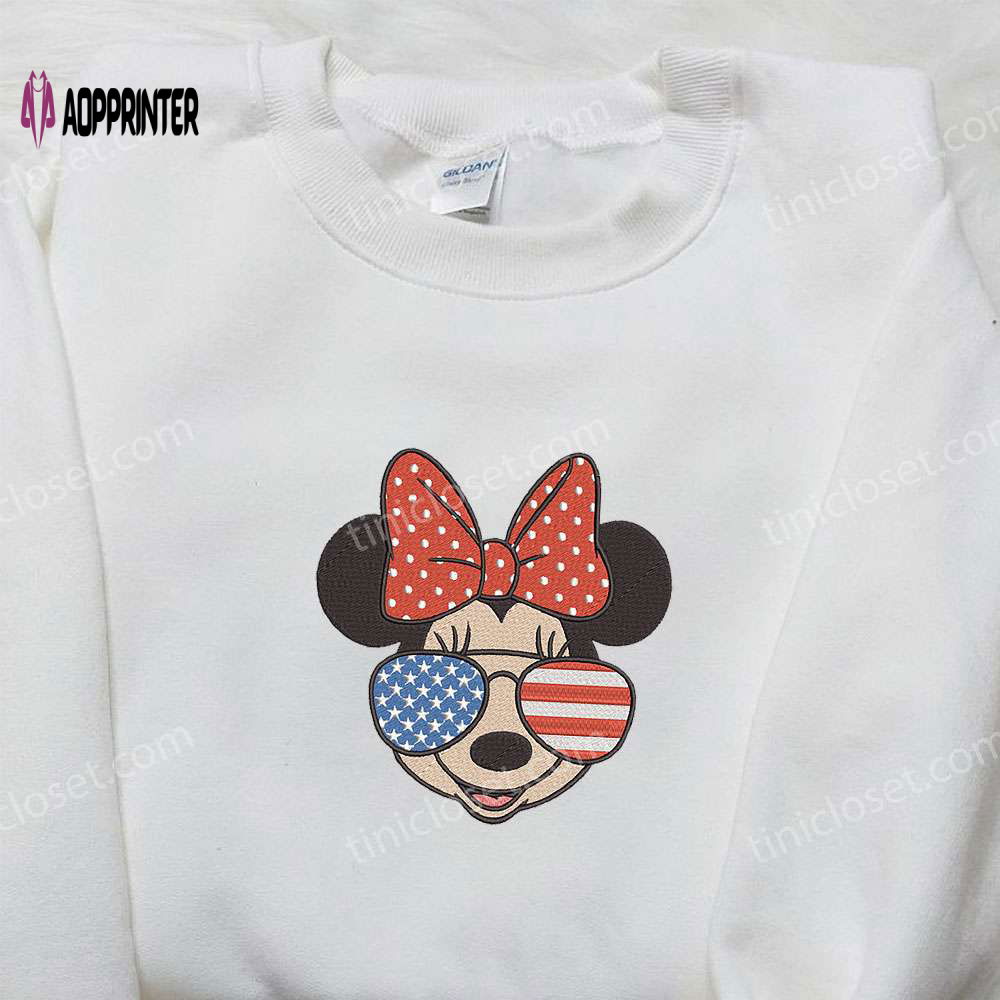 Disney Embroidered Minnie Mouse Shirt: Patriotic Independence Day Design with America Glasses Disney Embroidered Minnie Mouse Shirt: Patriotic Independence Day Design with America Glasses