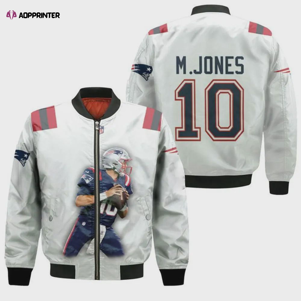 New England Patriots Mac Jones Pattern Bomber Jacket – White New England Patriots Mac Jones Pattern Bomber Jacket – White