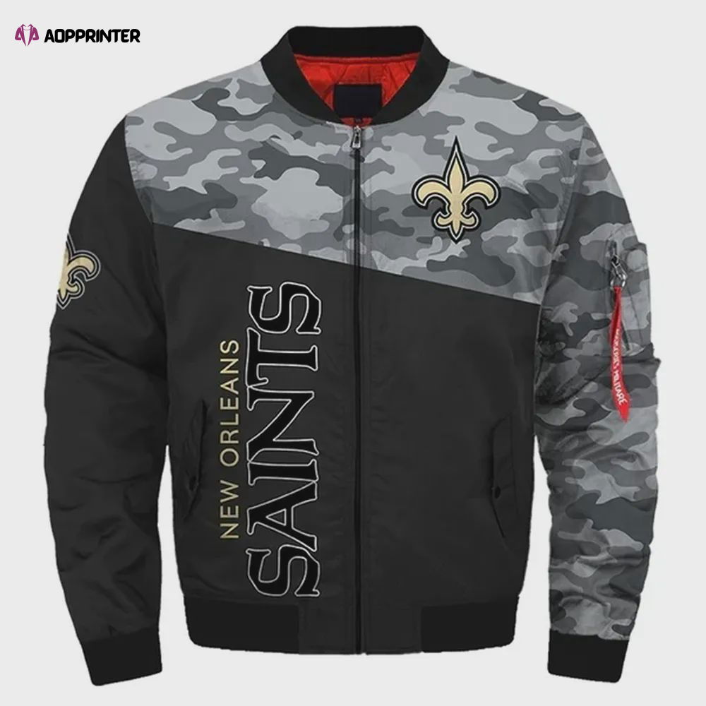 New Orleans Saints Military Pattern Bomber Jacket – Black And Gray New Orleans Saints Military Pattern Bomber Jacket – Black And Gray