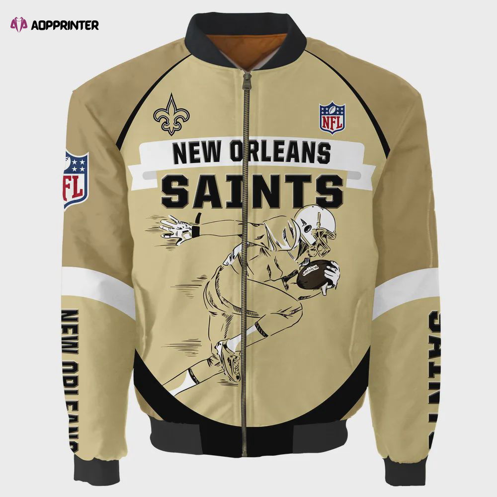 New Orleans Saints Players Running Logo Pattern Bomber Jacket – Yellow New Orleans Saints Players Running Logo Pattern Bomber Jacket – Yellow