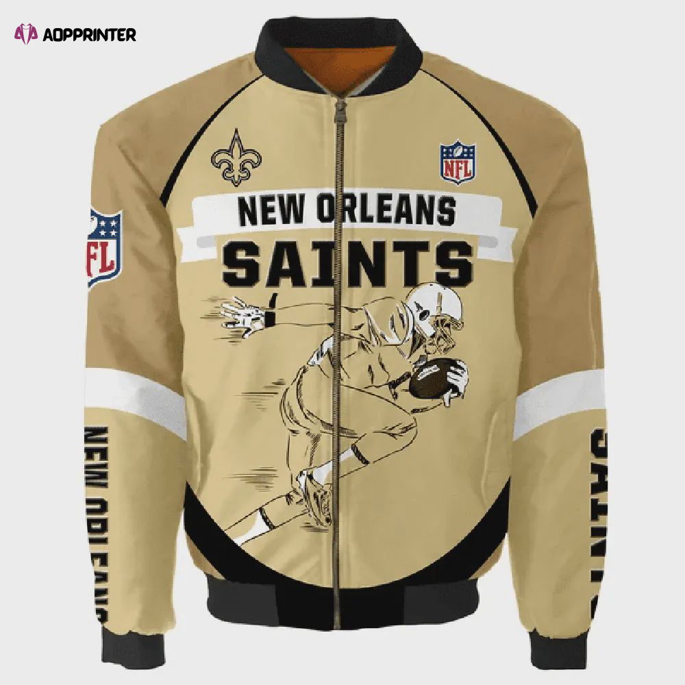 New Orleans Saints Team Logo Pattern Bomber Jacket – Yellow New Orleans Saints Team Logo Pattern Bomber Jacket – Yellow