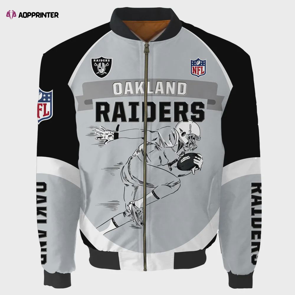 Oakland Raiders Players Running Pattern Bomber Jacket – Black And Gray Oakland Raiders Players Running Pattern Bomber Jacket – Black And Gray