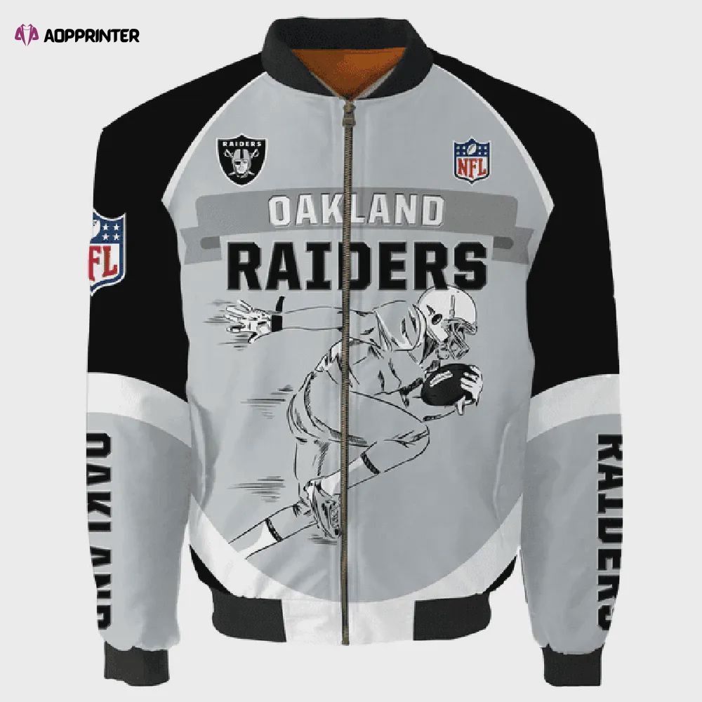 Oakland Raiders Team Logo Pattern Bomber Jacket – Gray And Black Oakland Raiders Team Logo Pattern Bomber Jacket – Gray And Black