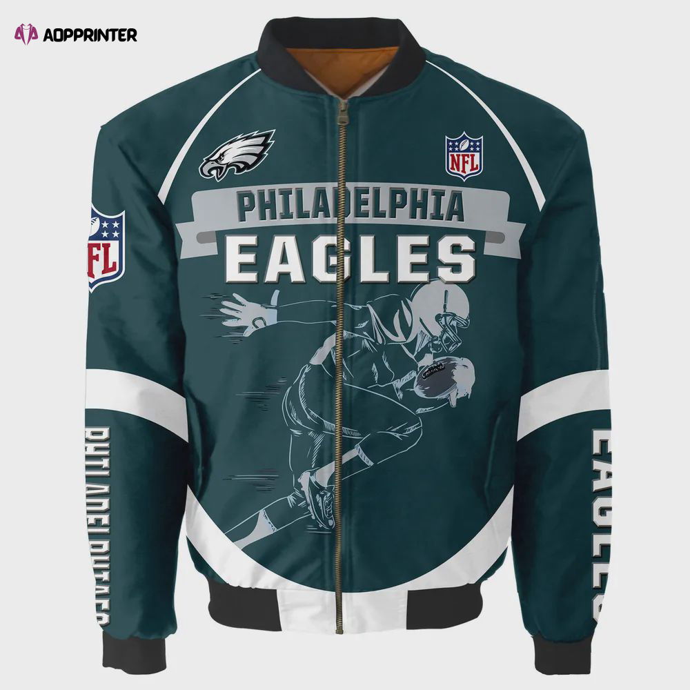 Philadelphia Eagles Players Running Pattern Bomber Jacket – Mallard Green Philadelphia Eagles Players Running Pattern Bomber Jacket – Mallard Green