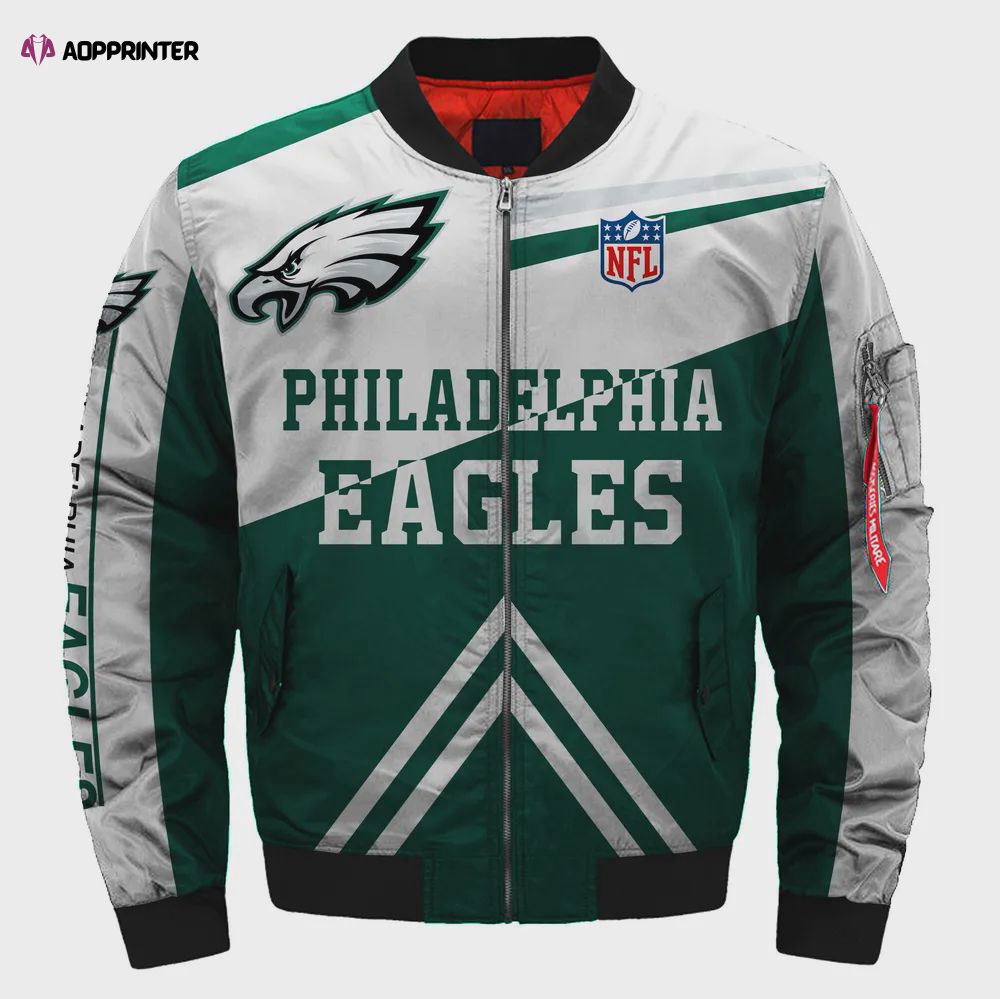 Philadelphia Eagles Team Logo Pattern Bomber Jacket – Green And White Philadelphia Eagles Team Logo Pattern Bomber Jacket – Green And White