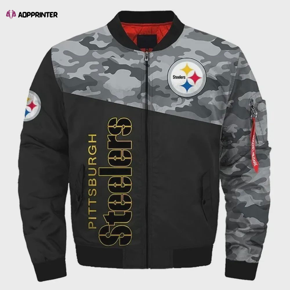 Pittsburgh Steelers Camo Pattern Bomber Jacket – Black And Gray Pittsburgh Steelers Camo Pattern Bomber Jacket – Black And Gray