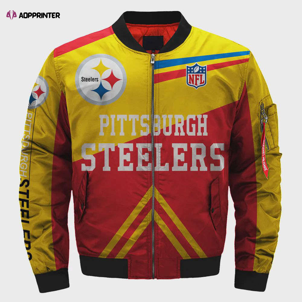 Pittsburgh Steelers Logo Pattern Bomber Jacket – Yellow And Red Pittsburgh Steelers Logo Pattern Bomber Jacket – Yellow And Red