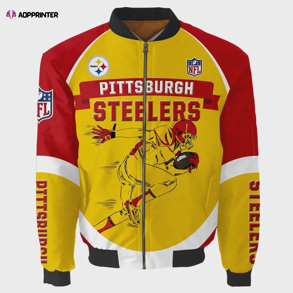 Pittsburgh Steelers Players Running Pattern Bomber Jacket – Yellow And Red Pittsburgh Steelers Players Running Pattern Bomber Jacket – Yellow And Red