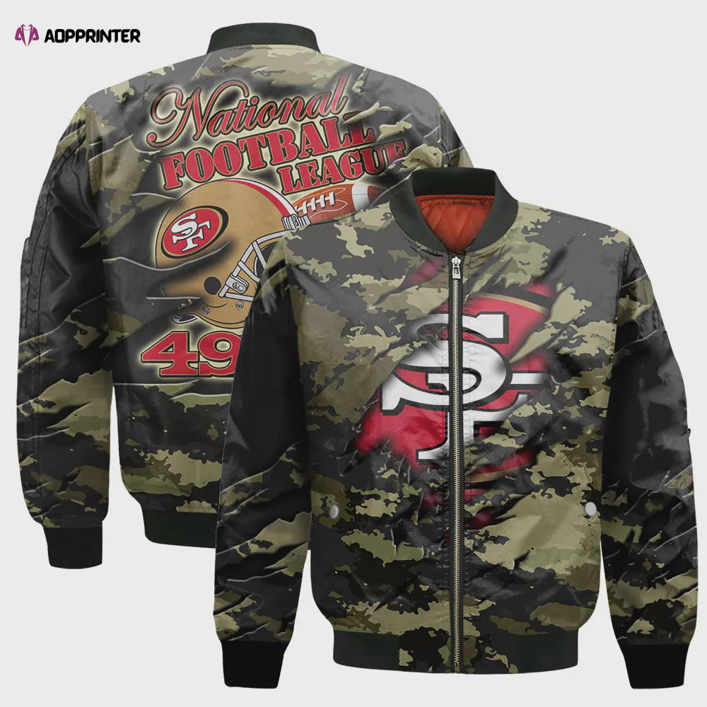 San Francisco 49ers Black Camo Pattern National Football League Unisex Bomber Jacket San Francisco 49ers Black Camo Pattern National Football League Unisex Bomber Jacket
