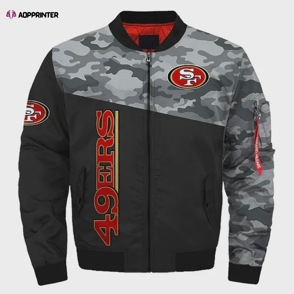 San Francisco 49ers Camo Pattern Bomber Jacket – Black And Gray San Francisco 49ers Camo Pattern Bomber Jacket – Black And Gray