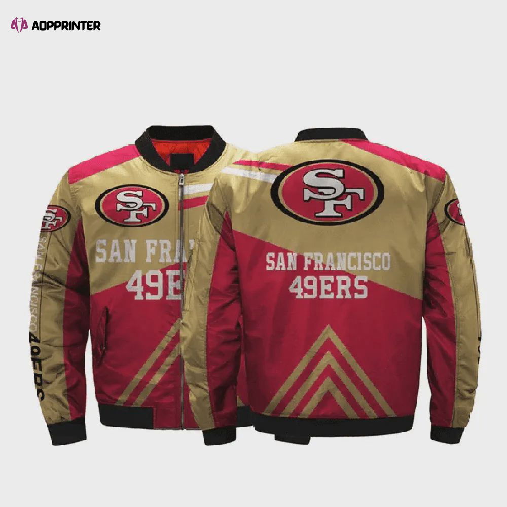 San Francisco 49ers Team Logo Pattern Bomber Jacket – Yellow And Red San Francisco 49ers Team Logo Pattern Bomber Jacket – Yellow And Red
