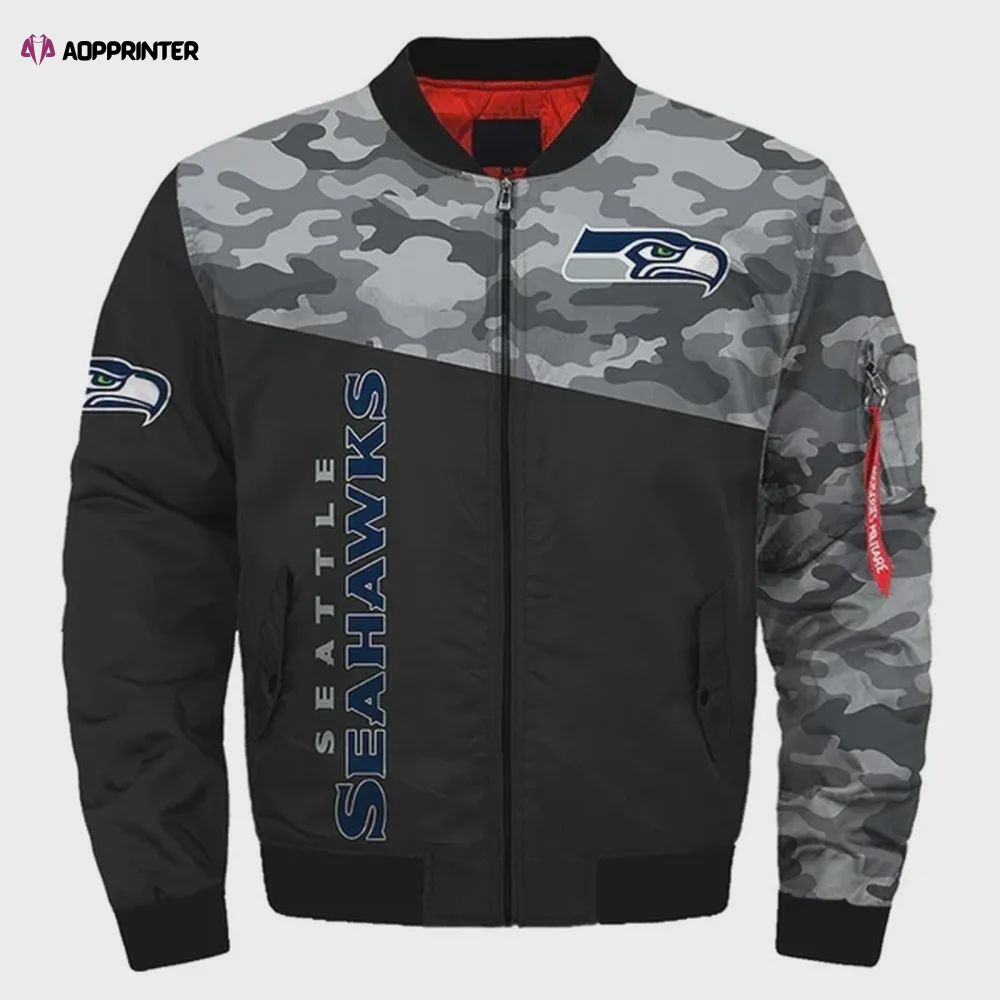 Seattle Seahawks Camo Pattern Bomber Jacket – Black And Gray Seattle Seahawks Camo Pattern Bomber Jacket – Black And Gray